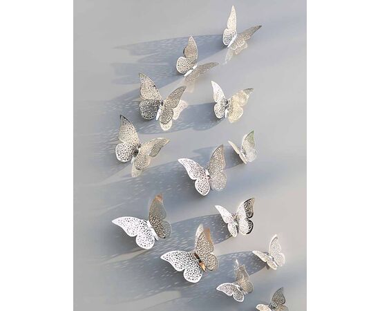 Наклейки на стены 3D бабочка: Набор из 12 штук цвет серебряный